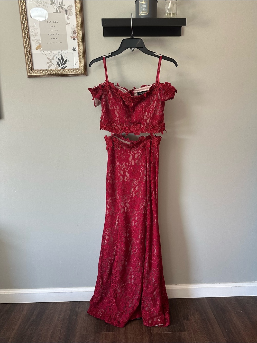 Sequin Hearts Red Lace Two-Piece Evening Set